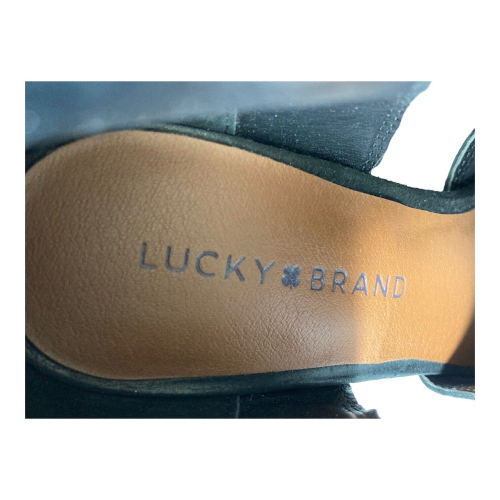 Lucky Brand Women’s 9.5M Oona Black Suede Stacked Heels Peep Toe Buckle NWOB - Picture 7 of 9